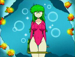  alternate_costume alternate_hair_color breasts dialogue empty_eyes female_only femsub flower green_hair happy_trance hypnotic_flower hypnotic_plant large_breasts leotard long_hair metroid_(series) nintendo samus_aran smile sortish standing standing_at_attention text 