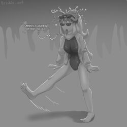  bare_legs barefoot brushie_art cameltoe dialogue drool feet female_only femsub greyscale hypnotized_walking jacket latex leotard long_hair minecraft monochrome open_mouth parasite ponytail ring_eyes signature simple_background sketch standing_at_attention sunglasses text tongue tongue_out 