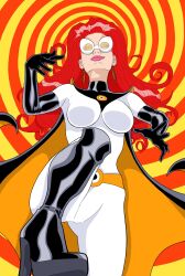  banedearg boots cape disney earrings female_only femdom gloves high_heels jewelry knee-high_boots long_hair mezmerella opera_gloves red_hair spiral_eyes super_hero symbol_in_eyes the_incredibles thigh_boots western 