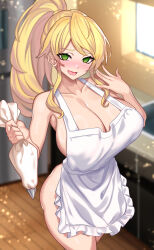  absurdres apron bangs blonde_hair blush breasts cleavage collarbone complex_background crimson_(stepfordcrimson) empty_eyes female_only femsub green_eyes happy_trance kitchen large_breasts long_hair looking_at_viewer naked_apron nez-box open_mouth original ponytail solo standing 