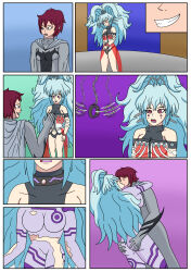  alfimi alternate_costume ass ass_grab bandai_namco blue_eyes blue_hair bodysuit closed_eyes comic femsub heterosexual kanzaki134 karyu_ginsora_(saibot) kissing maledom original pendulum red_hair sex short_hair spiralwash_eyes super_robot_wars very_long_hair 