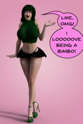 3d alternate_costume bimbofication breasts dialogue female_only femsub fishnets green_hair happy_trance high_heels huge_breasts kathy_(theheckle) large_breasts miniskirt original pink_eyes skirt solo text theheckle