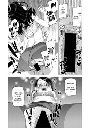 akitsuki_itsuki black_hair censored comic dialogue femsub glasses greyscale maledom monochrome original school_uniform skirt text