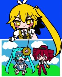  before_and_after blonde_hair blue_eyes blue_hair blush chibi clothed coin cuffs female_only femdom femsub hair_ribbon hat long_hair looking_at_viewer mesmerizer_(vocaloid) miku_hatsune neirozum neru_akita pendulum ponytail red_hair ribbon shirt suit t-shirt tagme teto_kasane tie twintails video vocaloid yellow_eyes 
