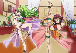  anklet anonymous828_(manipper) bare_legs barefoot c.c. circlet code_geass collarbone dancer dancing green_hair hair_ornament happy_trance harem_outfit jewelry kallen_stadtfeld large_breasts manip navel necklace official open_mouth ponytail red_hair screenshot see-through short_hair smile standing_split very_long_hair whitewash_eyes 