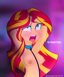 blonde_hair blue_eyes breasts collar dialogue drool equestria_girls erect_nipples eye_roll femsub leash multicolored_hair my_little_pony nipples open_mouth red_hair sunset_shimmer text tongue tongue_out topless wubcakeva