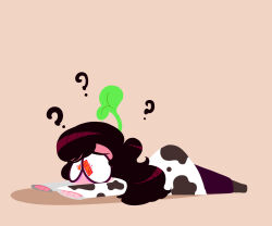  blush brown_hair clothed coat confused cow_print female_only femsub floro_sprout glasses hoodie large_ass long_hair lying nintendo original pants paper_mario plant red_eyes shirt shoes simple_background sleepygaycutie solo super_mario_bros. super_paper_mario symbol_in_eyes wide_hips yellow_background 