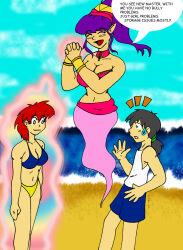 beach bikini breasts crazycowproductions dialogue empty_eyes femsub genie large_breasts long_hair magic maledom purple_hair red_hair short_hair standing standing_at_attention text