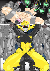  arms_above_head balls bodysuit boots breasts clitoris clothed_exposure dildo erection glowing glowing_eyes grey_skin hand_on_head helmet large_breasts light_skin madprojectarts milking_machine multiple_boys multiple_penises muscle_boy navel open_mouth penis posing power_rangers pussy_juice red_eyes restrained sex_machine sex_toy spread_legs squatting sweat tech_control tight_clothing trini_kwan veins 