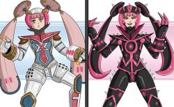 before_and_after corruption evil_smile femsub glowing glowing_eyes granblue_fantasy happy_trance long_hair pink_hair polmanning red_eyes robomi robot smile tech_control transformation twintails