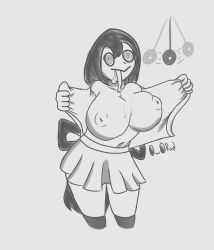 absurdres breasts drool greyscale inverted_nipples large_breasts long_tongue my_hero_academia oworud skirt spiral_eyes symbol_in_eyes thighhighs thighs topless tsuyu_asui