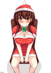  breasts brown_hair chair christmas cleavage haru_(yakai) large_breasts original pendulum sitting smile tagme yakai 