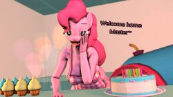  114_(artist) 3d absurdres apron breasts cake cleavage cupcake dialogue drool female_only femsub furry hand_on_head heavy_eyelids large_breasts leaning_forward looking_at_viewer maledom my_little_pony naked_apron open_mouth pink_hair pink_skin pinkie_pie smile solo source_filmmaker spiral_eyes standing symbol_in_eyes text tongue tongue_out 