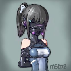  acmskoo3 arms_behind_back ball_gag bangs barcode bare_shoulders black_hair bondage breasts female_only femsub gag gas_mask green_background hair_ornament harness headphones mask original ponytail qr_code ribbon signature simple_background solo tech_control visor 