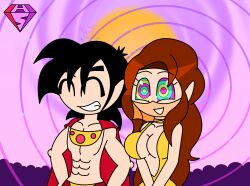  abs ahoge alternate_costume bare_shoulders black_hair brown_hair cleavage collarbone dragon_ball dragon_ball_gt dress eyebrows_visible_through_hair femsub goten happy_trance hypnoscream jewelry kaa_eyes large_breasts long_hair love maledom muscle_boy pink_background ring_background royalty simple_background smile tagme topless valese_(dragon_ball_gt) veil watermark 