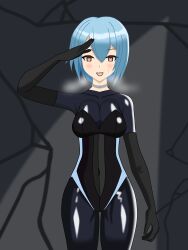 absurdres aoi_(shuxshun) blue_hair bodysuit breasts breath brown_eyes choker cleavage empty_eyes female_only femsub gloves happy_trance heart_eyes latex leotard opera_gloves original rubber saluting short_hair shuxshun solo standing standing_at_attention sweat tight_clothing