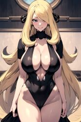  ai_art blonde_hair bodysuit cleavage curvy cynthia empty_eyes female_only femsub huge_breasts lingerie long_hair nintendo pokemon pokemon_diamond_pearl_and_platinum smile solo standing_at_attention 