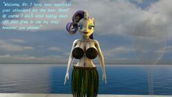  3d before_and_after bikini_top blue_eyes breasts clothed collarbone cuddlycarlos dialogue empty_eyes female_only femsub flower flower_in_hair forced_employee furry grass_skirt horse_girl hula_girl large_breasts long_hair looking_at_viewer my_little_pony navel open_mouth outdoors purple_hair rarity smile standing tech_control text unicorn unicorn_girl white_skin 