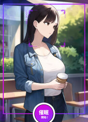  aware brown_hair clothed female_only hypnotic_accessory hypnotic_app jeans pikumario 