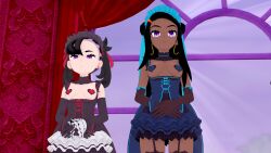 3d bedroom breasts dark_skin earrings empty_eyes expressionless female_only femsub gloves headdress heart heart_pasties long_hair maid maid_headdress marnie_(pokemon) multicolored_hair multiple_girls multiple_subs nessa_(pokemon) nintendo opera_gloves pasties pokemon pokemon_sword_and_shield purple_eyes small_breasts standing standing_at_attention thighhighs twintails uto