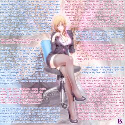 blonde_hair caption cleavage femdom glasses hypnotic_drug looking_at_viewer male_pov manip pov pov_sub sitting text thighhighs turning_the_tables
