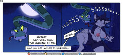 ass aware black_eyes blush bottomless breasts cat_ears cat_girl comic disney furry huge_ass huge_breasts iamaneagle kaa masturbation nipples nude original outlet_(iamaneagle) pussy scared short_hair shortstack snake socket_(iamaneagle) tail text the_jungle_book thick_thighs thighs topless