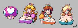 bimbofication blonde_hair brown_hair empty_eyes female_only femsub huge_breasts large_breasts lipstick mushroom nintendo princess_daisy princess_peach princess_rosalina psyfly super_mario_bros. tagme