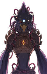 alternate_costume armor bird_boy black_sclera breath_of_the_wild corruption eye_color_change fire_dragon_pile_driver furry glowing glowing_eyes helmet living_costume malesub midriff navel nintendo parasite possession revali_(breath_of_the_wild) simple_background slit_pupils the_legend_of_zelda white_background windblight_ganon