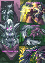 absurdres black_sclera breasts comic d.va glowing glowing_eyes ibenz009 liquid_metal overwatch purple_eyes robot text