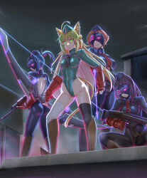  animal_ears arrow atalanta_(fate) blonde_hair bow_(weapon) corruption fate/apocrypha fate/grand_order fate_(series) female_only femsub green_hair gun hat leebigtree leotard lion_girl military_hat multicolored_hair multiple_girls night shadaloo_dolls tail very_long_hair weapon 