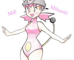  blush cosplay costume disguised_hypnotist empty_eyes fake_tail female_only femsub happy_trance miltank nintendo pet_play pink_eyes pink_hair pokemon pokemon_heartgold_and_soulsilver solo text thighhighs traditional whitney 