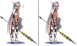  armor blue_eyes caenis_(fate) coin dark_skin dazed empty_eyes etlabsotwe expressionless fate/grand_order fate_(series) female_only femsub pendulum shield spear weapon white_background white_hair 