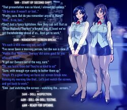  altered_common_sense blue_hair brown_hair caption clothed dialogue femsub forced_employee groping high_heels huge_breasts hypnotic_screen iwasthesun_(manipper) lipstick mamesi_(suhk8583) manip mole multiple_girls multiple_subs office_lady pantyhose tech_control text unaware 
