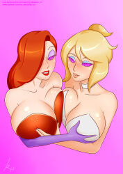  absurdres blonde_hair breast_press breasts choker cleavage cool_world female_only femsub gloves groping hair_covering_one_eye happy_trance holding_breasts holli_would huge_breasts jessica_rabbit large_breasts lipstick long_hair makeup oo_sebastian_oo opera_gloves purple_eyes red_hair red_lipstick smile spiral_eyes symbol_in_eyes symmetrical_docking who_framed_roger_rabbit 