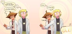  ahoge before_and_after brushie_art dax_(brushie_art) dialogue drool glasses glowing glowing_eyes happy_trance humor lab_coat malesub original parker_(brushie_art) spiral text tie 
