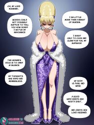  4headboiii beehive_hair blonde_hair blush breasts cleavage closed_eyes constance_von_nuvelle dialogue domestication dress female_only femsub fire_emblem fire_emblem_three_houses gloves high_heels large_breasts lipstick multicolored_hair nintendo opera_gloves purple_hair purple_lipstick ring sexism solo standing stepfordization text 