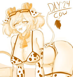a_singular_fish all_fours animal_ears arm_warmers ass blush burnice_white_(zenless_zone_zero) collar collarbone cow_girl cow_print cowbell empty_eyes eyebrows_visible_through_hair female_only femsub hypnovember large_breasts micro_bikini panties pet_play sideboob solo sunglasses tail thigh_gap thighhighs twintails underboob wide_hips yellow_eyes zenless_zone_zero