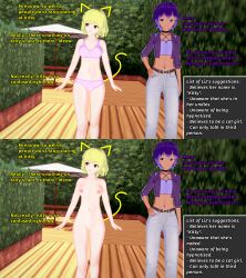 3d altered_perception blonde_hair dialogue empty_eyes english_text female_only femdom femsub jacket koikatsu! latina liz_(liz_b) liz_b midriff miss_hypnos_(liz_b) mole nipples nude orange_eyes original pants pet_play purple_eyes purple_hair tan_skin text unaware underwear