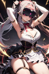  ai_art armpits arms_above_head bow bow_tie breasts cleavage dead_source demon_lilium_(generator) dress expressionless female_only femsub garter garter_straps gloves grey_hair high_heels kneeling multicolored_hair opera_gloves shoes skirt socks solo tech_control thick_thighs twintails virtual_youtuber visor 
