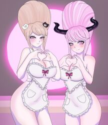  apron beehive_hair blonde_hair blush breasts cleavage dangan_ronpa domestication female_only femsub hair_ornament happy_trance heart heart_eyes heart_hands horns housewife junko_enoshima large_breasts master_detective_archives:_rain_code multiple_girls multiple_subs naked_apron pink_eyes pink_hair shinigami_(rain_code) smile stepfordization susan_parrish_(artist) symbol_in_eyes 