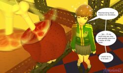  3d brown_eyes brown_hair chie_satonaka clothed dialogue drool empty_eyes female_only femsub food happy_trance hypnolordx hypnotic_food jacket pendulum persona_(series) persona_4 short_hair signature skirt source_filmmaker sparkle speech_bubble text 