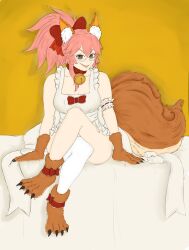alternate_costume apron bare_legs bare_shoulders corruption crossed_legs elly_snail evil_smile fate/grand_order fate_(series) female_only femdom femsub glasses happy_trance koyanskaya legs long_hair looking_at_viewer pink_hair possession ring_eyes sitting slit_pupils smile tail tamamo_cat yellow_background