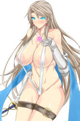 absurdres armor bikini_armor blush breasts brown_hair cape cleavage clothed_exposure earrings female_only femsub glowing glowing_eyes granblue_fantasy huge_breasts hypnotic_tattoo jewelry katalina_(granblue_fantasy) long_hair looking_at_viewer manip midriff misterman4_(manipper) pubic_hair sling_bikini solo spiral_eyes sweat swimsuit sword symbol_in_eyes tattoo very_long_hair white_hair