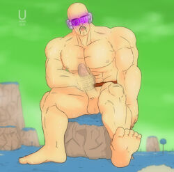 bald bare_legs barefoot bottomless dragon_ball dragon_ball_z feet male_only malesub masturbation muscle_boy nappa nude open_mouth penis sitting solo tech_control topless uchihadems visor