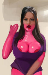 black_hair breasts brown_eyes cleavage dollification expressionless female_only femsub huge_breasts latex long_hair looking_at_viewer nipples open_mouth original pink_skin rexicoco rubber simple_background solo standing transformation