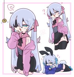  bulge bunny_ears bunnysuit confused crossdressing embarrassed eyepatch femboy jacket male_only malesub op_na_yarou open_mouth original pendulum rigel_(op_na_yarou) skirt_lift spiral_eyes 