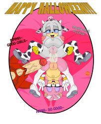 absurdres amy_rose bimbofication bisexual blue_eyes blush bottomless breasts cow_print cum dialogue double_v echidna_girl english_text eyeshadow femsub gloves green_eyes grey_skin halloween happy_trance hedgehog_girl high_heels incubus incubus_(project_x_love_potion_disaster) large_breasts looking_at_viewer makeup maledom nipples nurse original pink_skin project_x:_love_potion_disaster pussy red_skin smile sonic_the_hedgehog_(series) spread_legs stomach_bulge text thighhighs thighs threesome topless v zeta_r-02_the_echidna zetar02