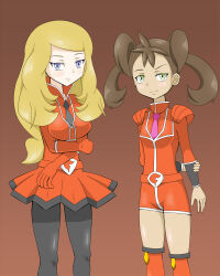  blonde_hair breasts brown_hair clothed corruption enemy_conversion female_only femsub happy_trance large_breasts long_hair mitsutake_tei nintendo pantyhose pokemon pokemon_x_and_y serena shauna small_breasts team_flare twintails 