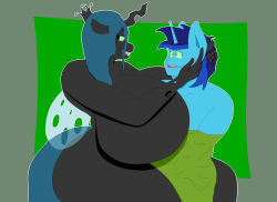 blue_hair bondage breasts charlyc95 dial_liyon femdom furry glowing_eyes green_eyes huge_ass huge_breasts hypnotic_eyes malesub my_little_pony queen queen_chrysalis trapped unicorn unicorn_boy