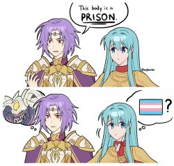  armor blue_eyes blue_hair cape clothed comic demon dialogue earrings eirika_(fire_emblem) english_text eye_color_change fingerless_gloves fire_emblem fire_emblem_the_sacred_stones fomortiis gloves horns long_hair lyon_(fire_emblem) maji_(majibomber) malesub meme nintendo non-binary non-binary_sub possession pride_colors purple_hair red_eyes short_hair simple_background speech_bubble text thought_bubble transgender transgender_identity watermark white_background yellow_eyes 